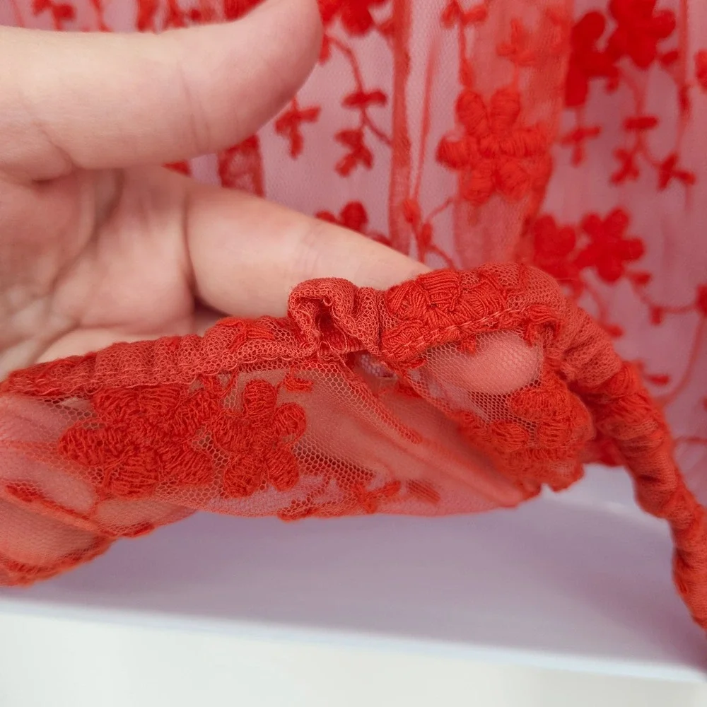 Free People Red Sheer Lace Floral Boho Top Womens XS Romantic Ethereal Fairy‎